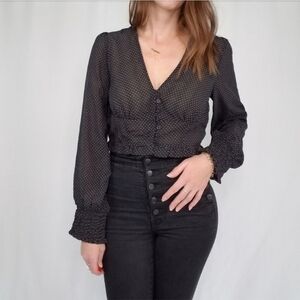 Black And White Print V-Neck Long Sleeve  Blouse